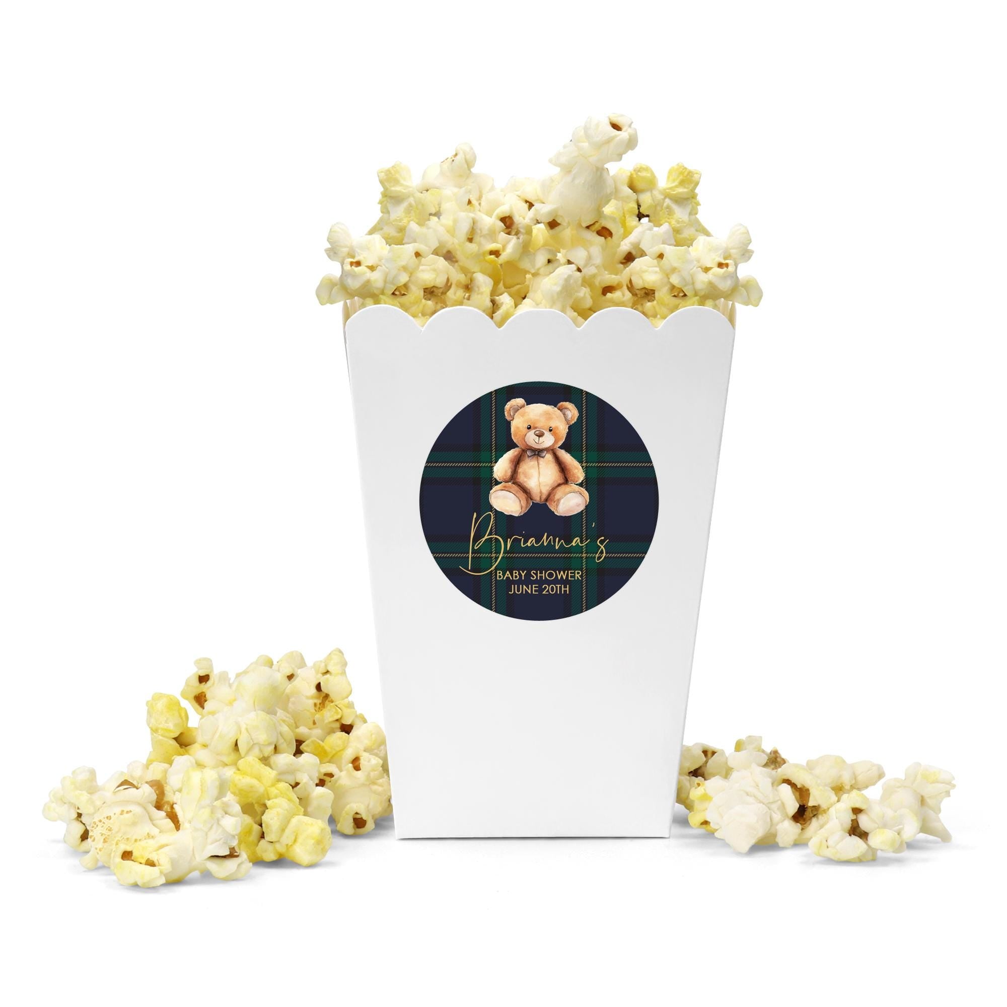 Teddy Bear Plaid Popcorn Favor Boxes, Personalized Treat Boxes, Baby Shower Favors - Set of 12