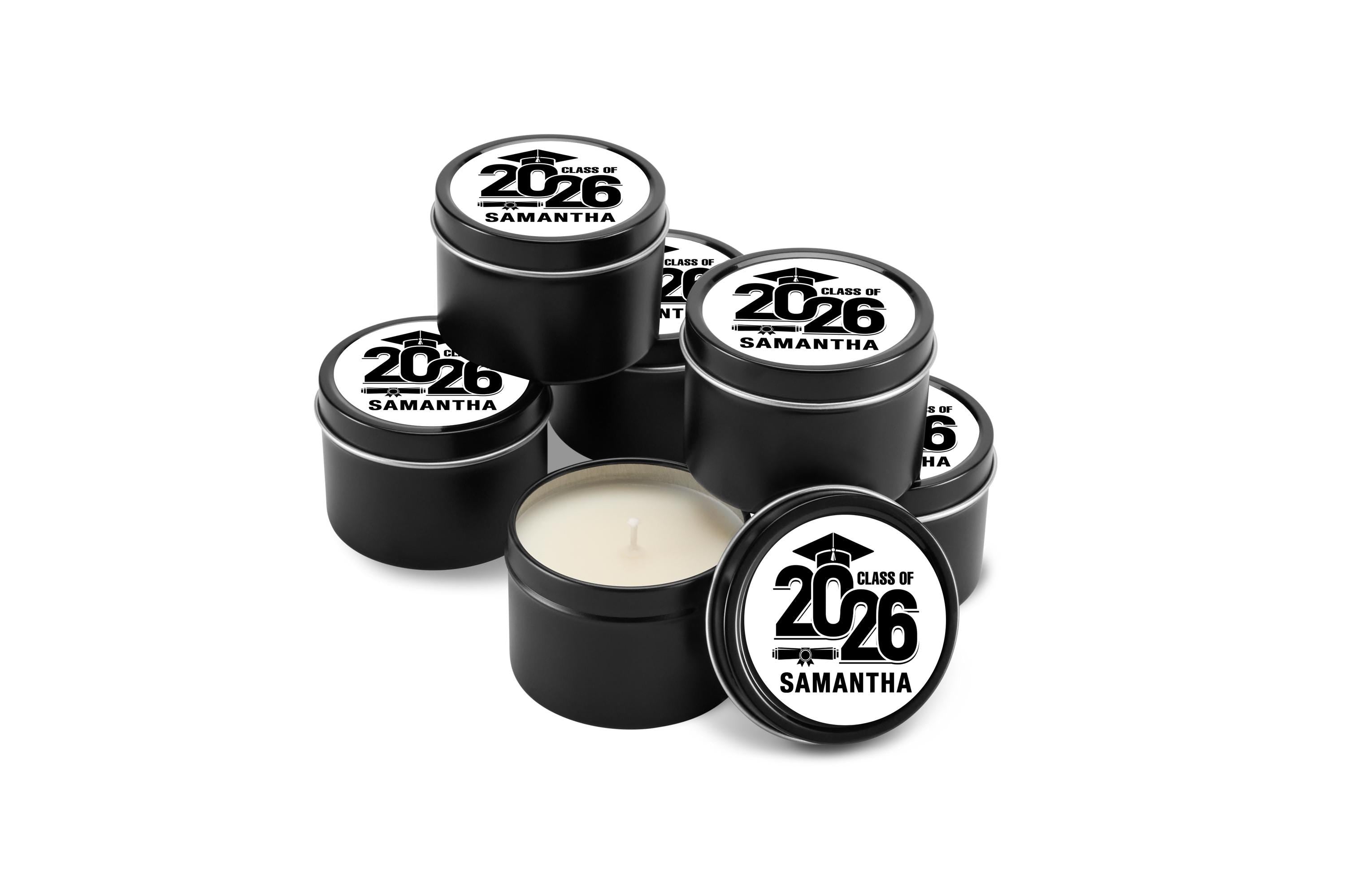 Graduation Candle Favors, Grad Bulk Party Favors, Class of 2026 Black Candle Tin