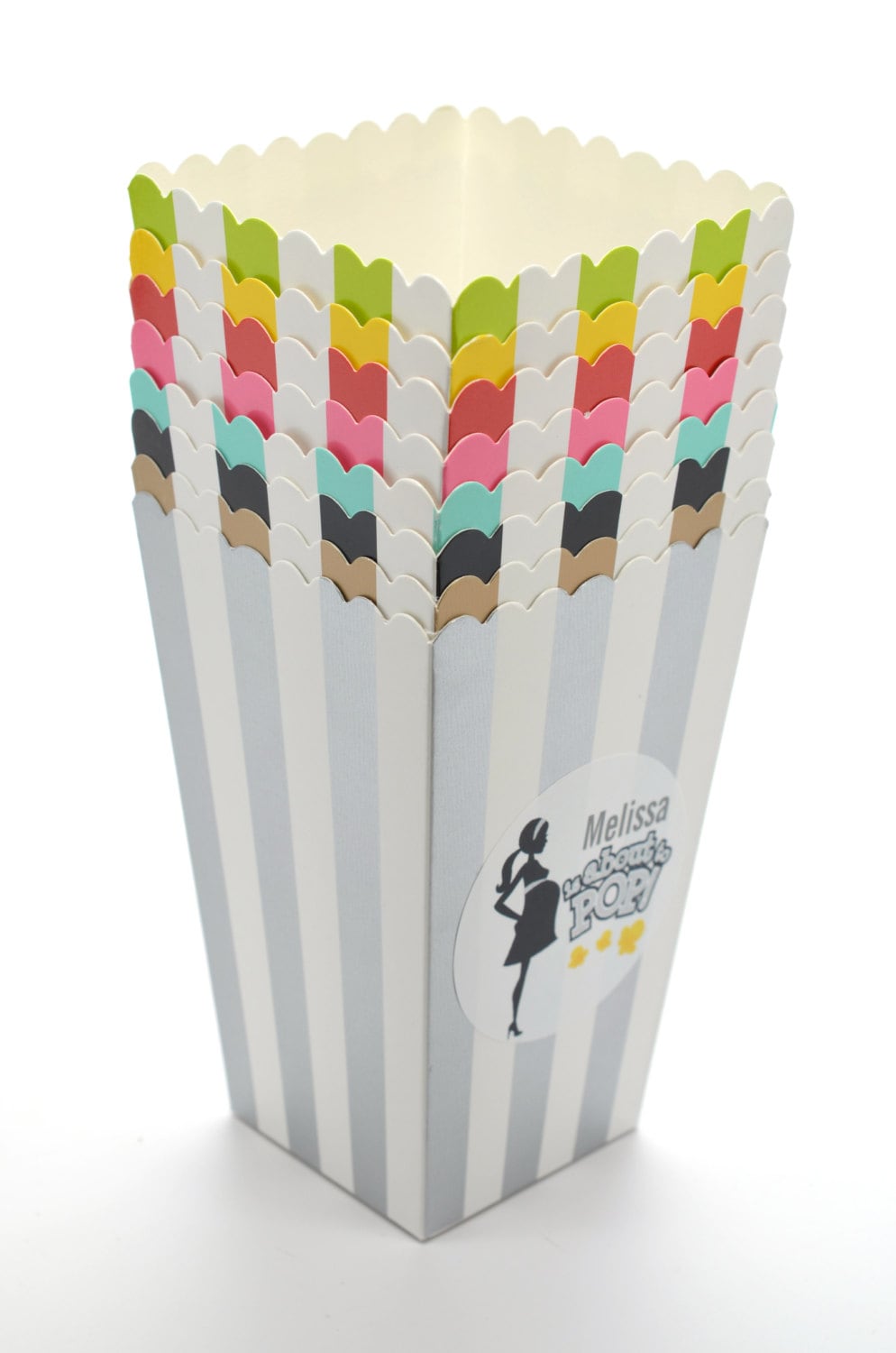 About To Pop® Mommy in Green and White Stripes - Personalized Baby Shower Popcorn Boxes,  Popcorn Favors, Popcorn Bar Box (Set of 12)