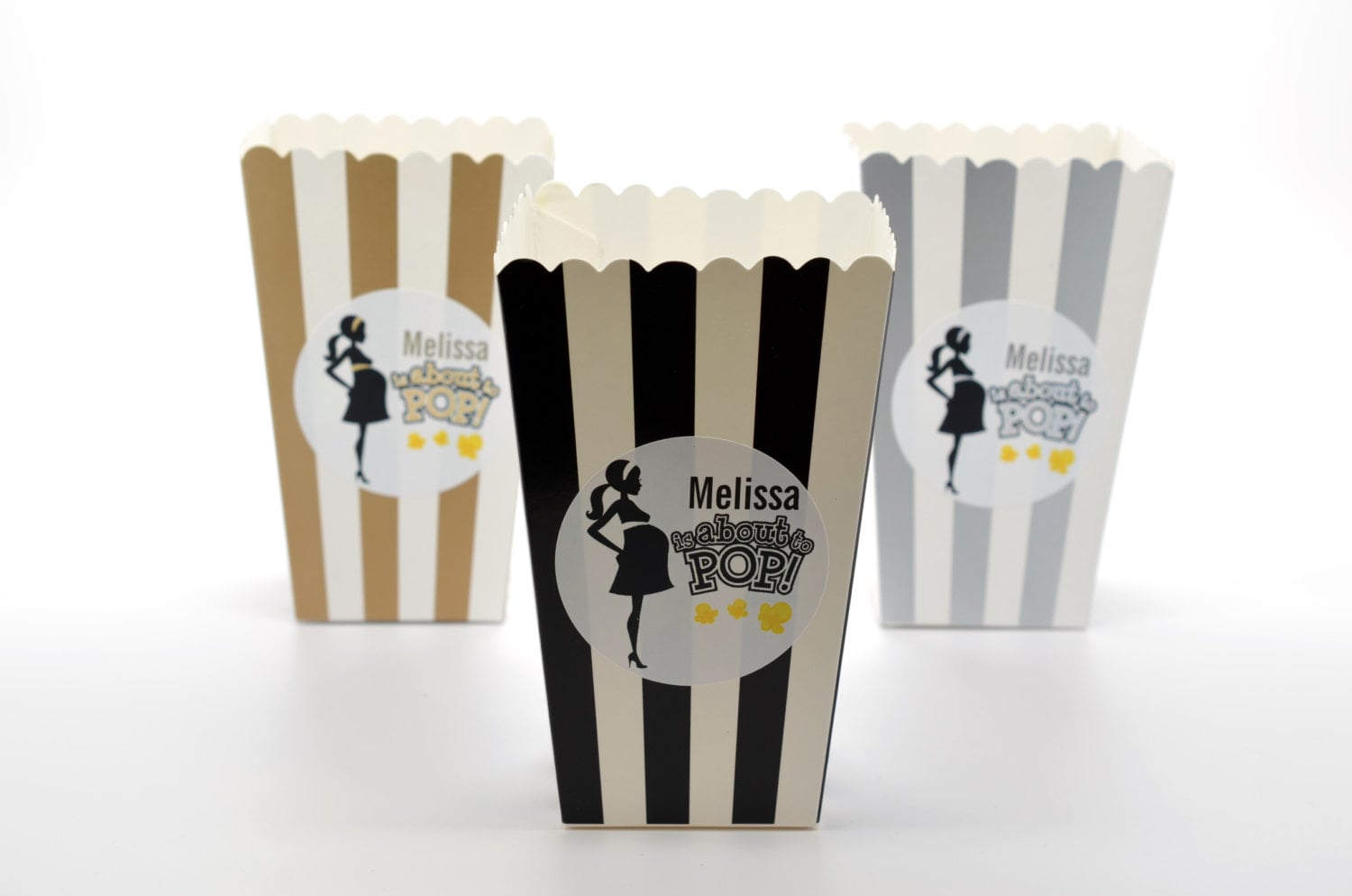 About To Pop® Mommy in Green and White Stripes - Personalized Baby Shower Popcorn Boxes,  Popcorn Favors, Popcorn Bar Box (Set of 12)