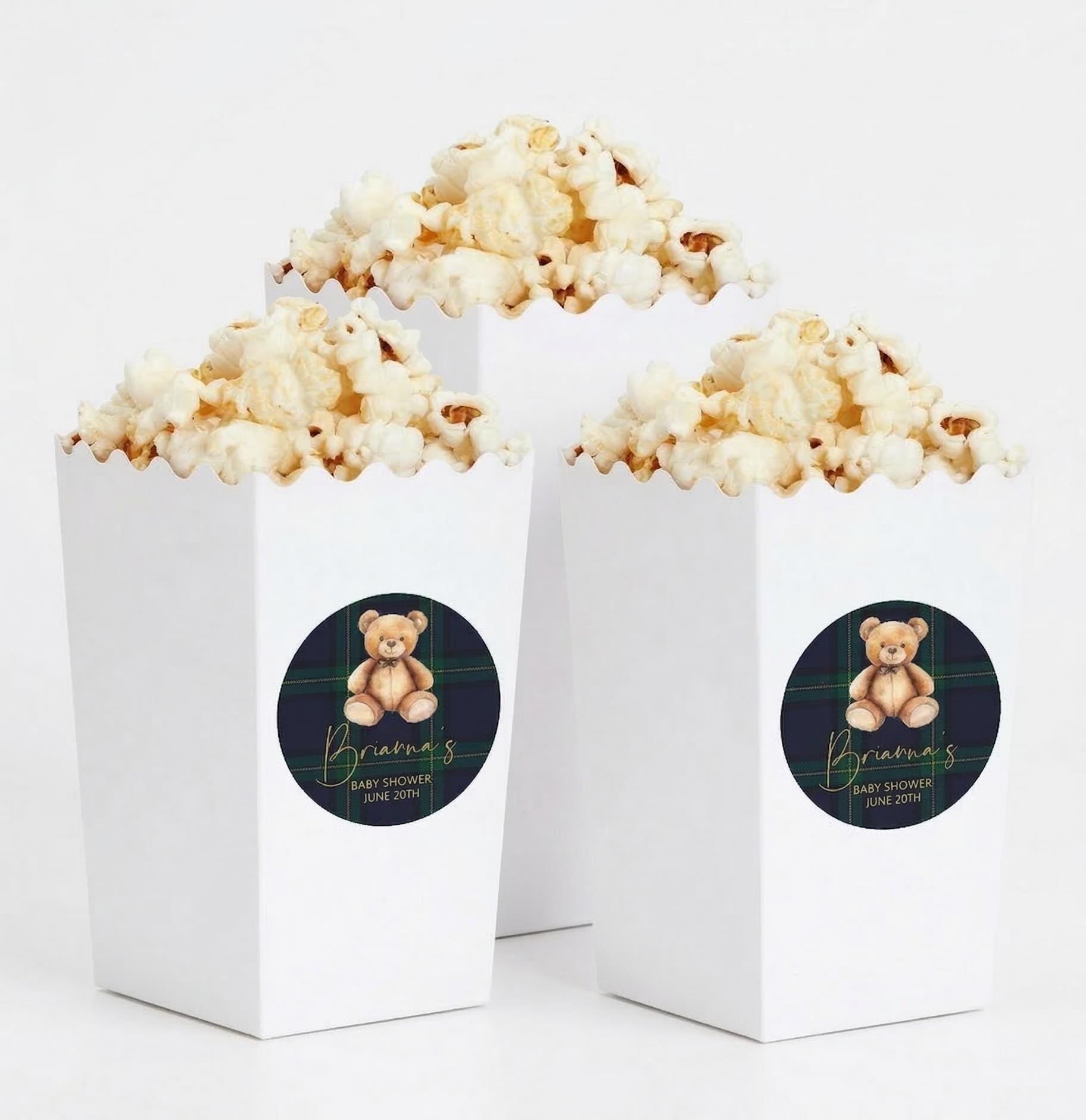 Teddy Bear Plaid Popcorn Favor Boxes, Personalized Treat Boxes, Baby Shower Favors - Set of 12
