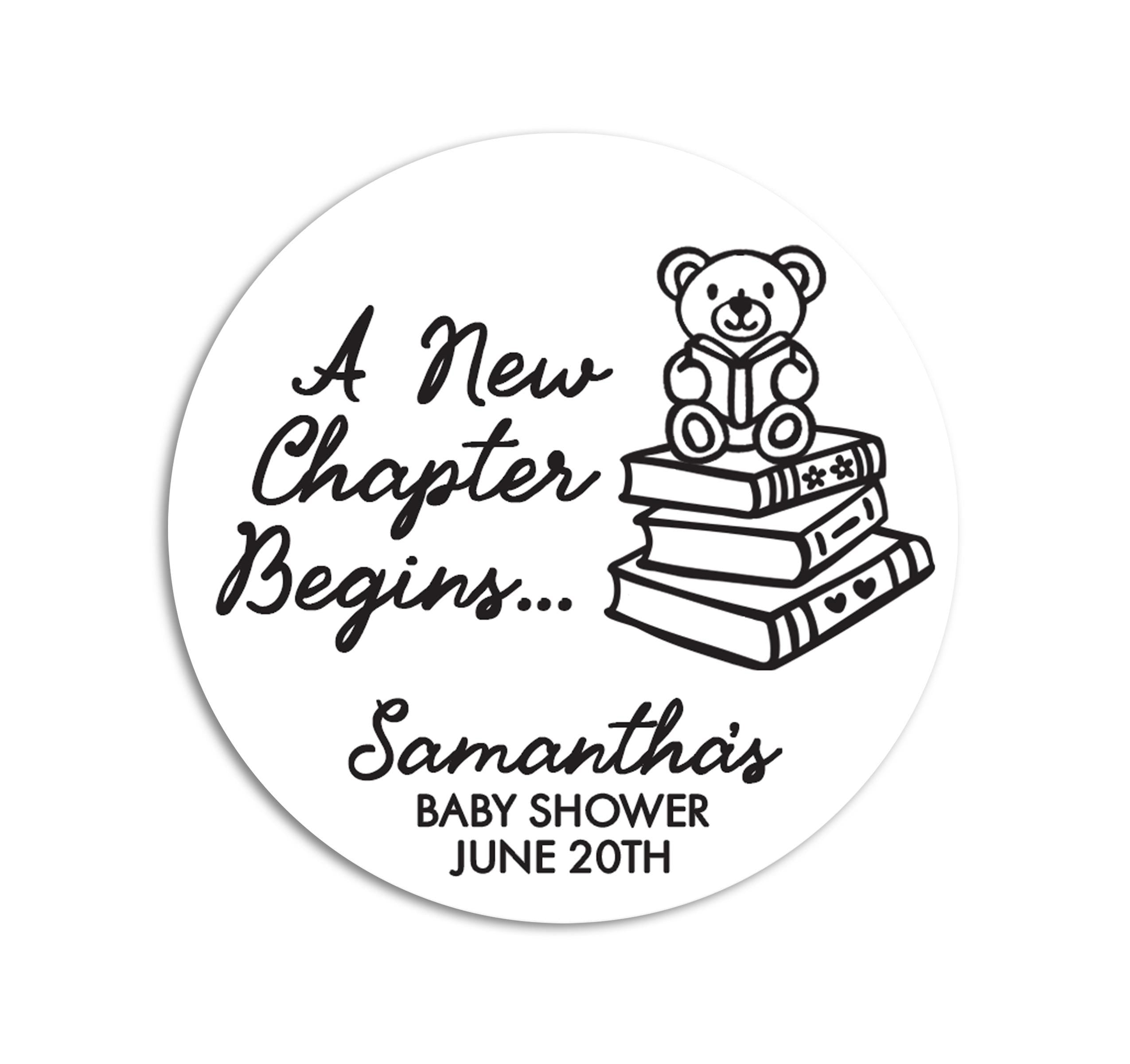 A New Chapter Begins Baby Shower Stickers, Teddy Bear Labels, Book Themed Favors