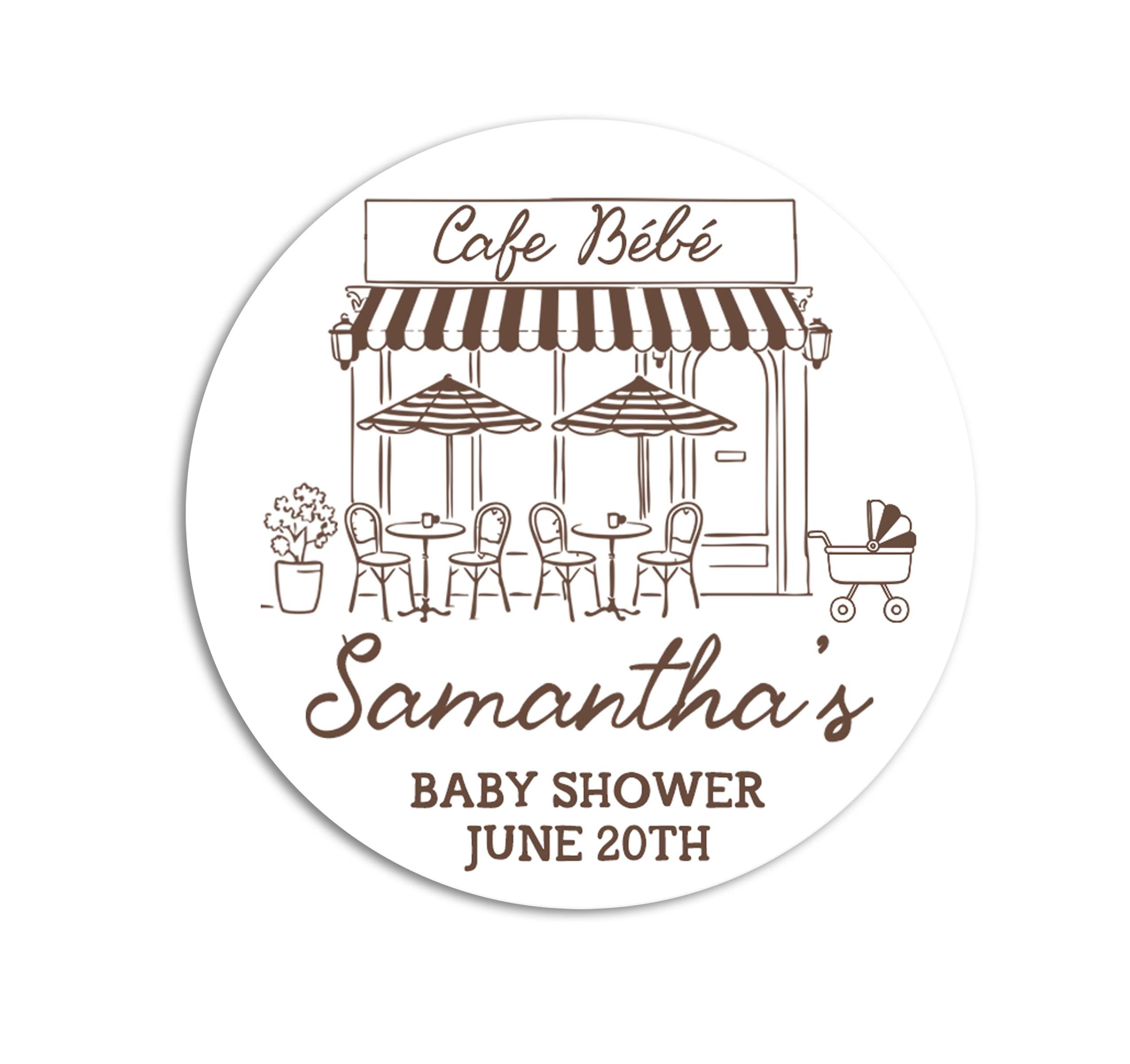 Cafe Bebe Stickers, Parisian Baby Shower Favor Labels, Personalized French Bistro Themed Party