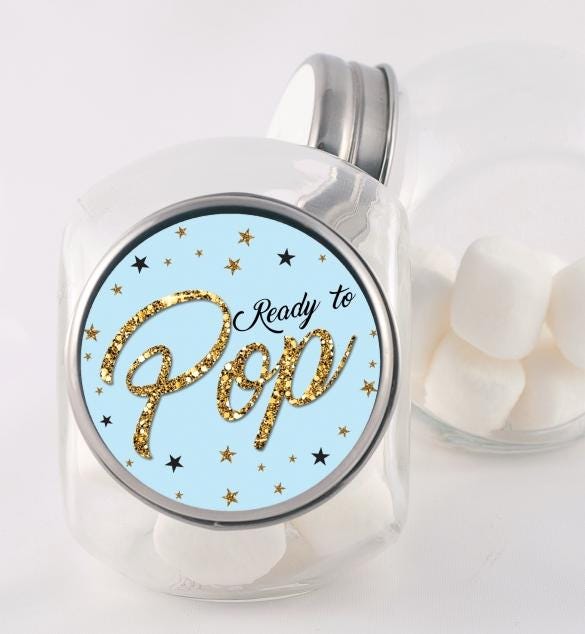 Ready To Pop Blue Gold Glitter, Stickers for Baby Shower, Baby Boy Party Favors