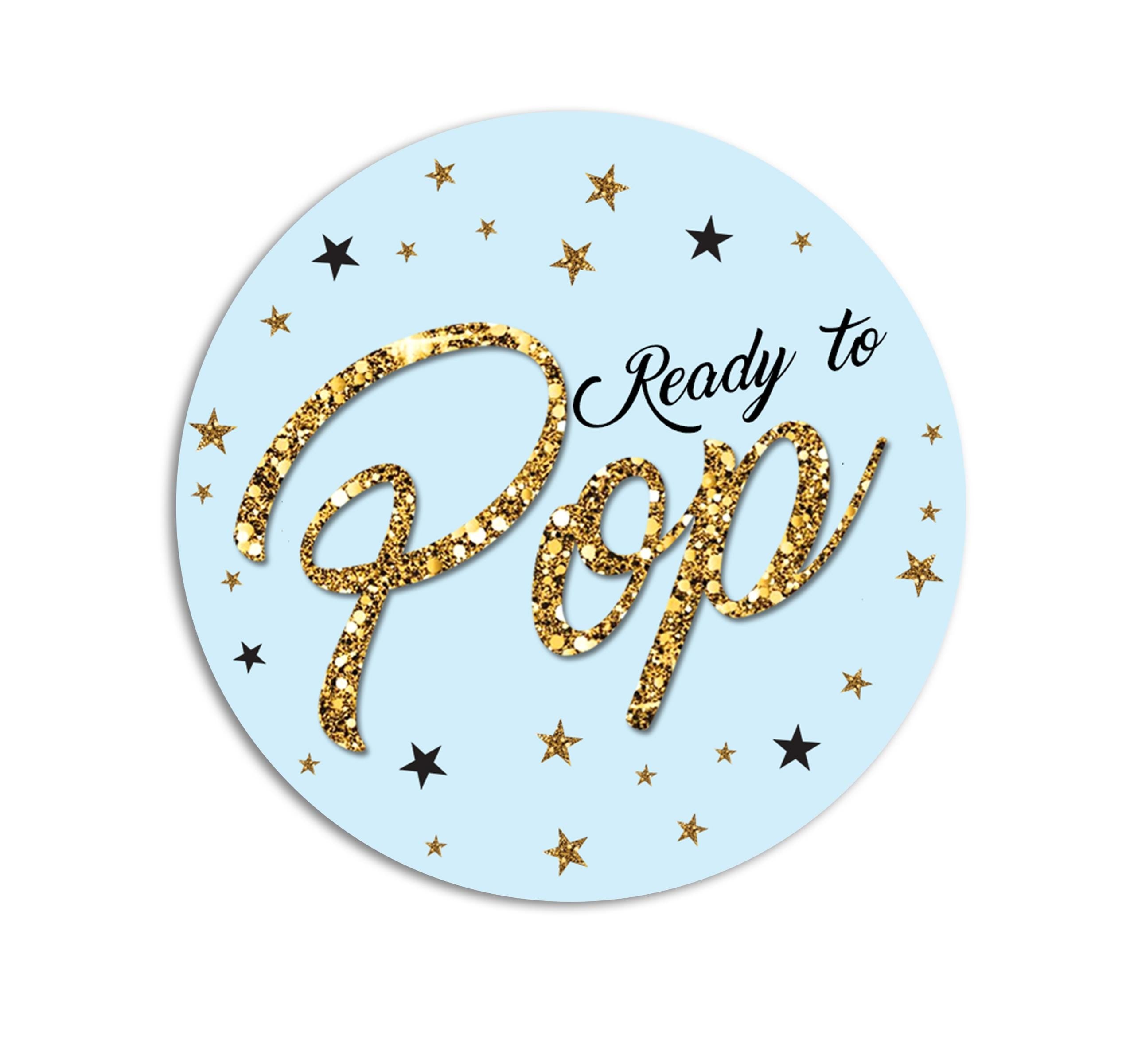Ready To Pop Blue Gold Glitter, Stickers for Baby Shower, Baby Boy Party Favors