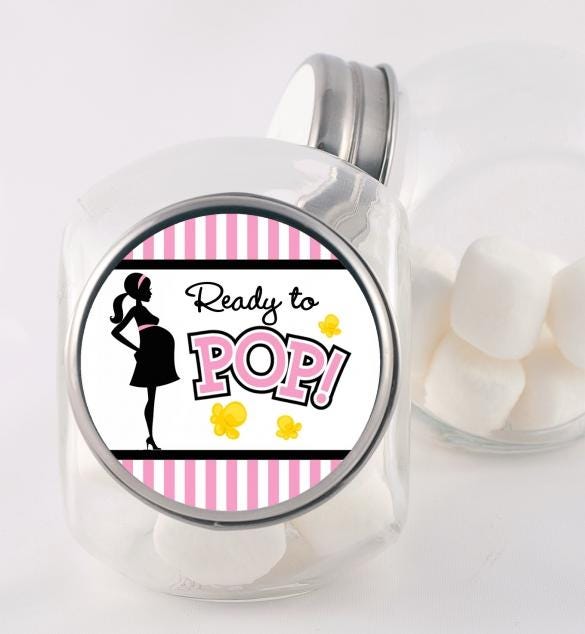Ready To Pop Girl Baby Shower Stickers, Mommy Pink Black Baby Shower Labels