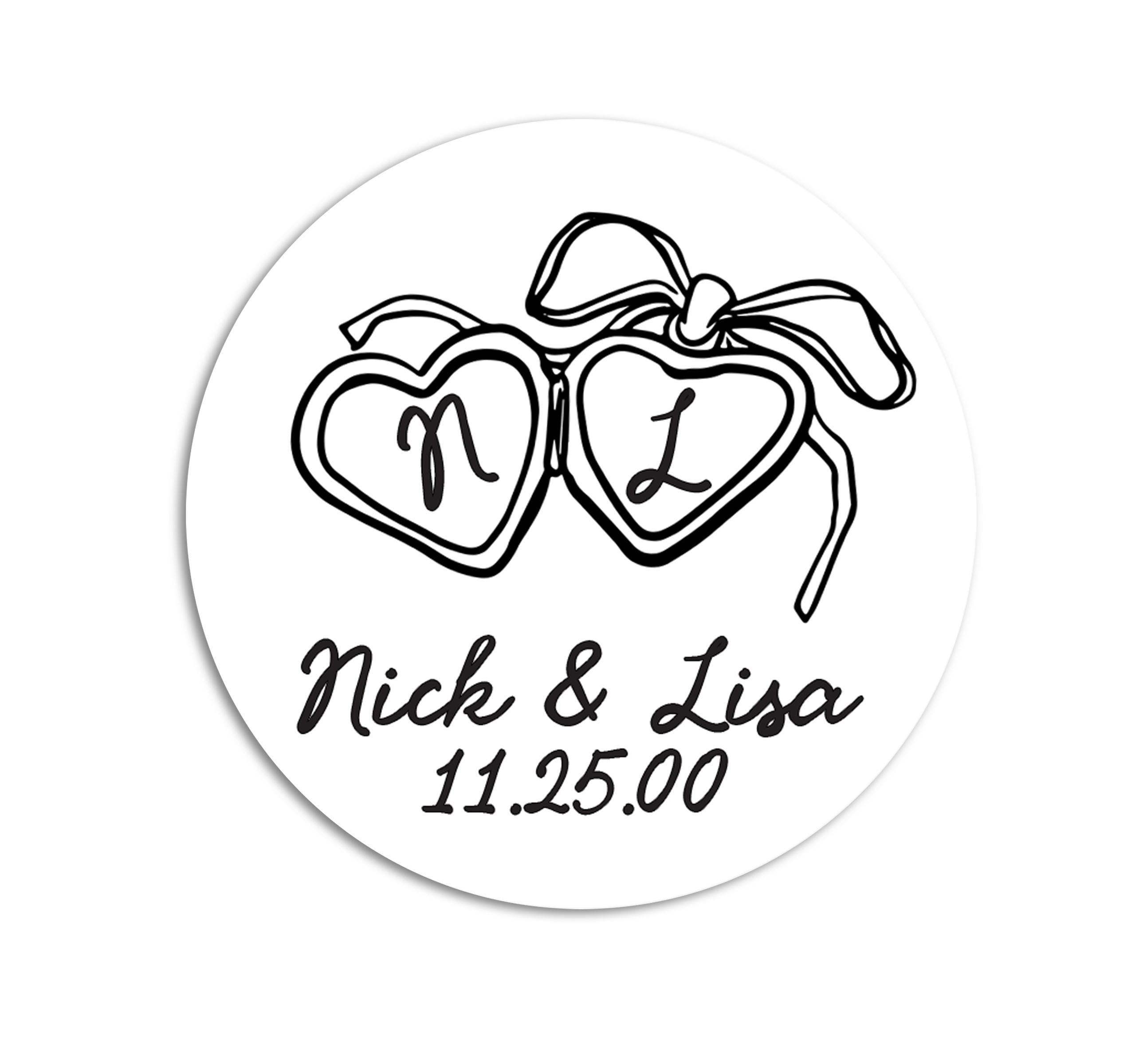 Personalized Heart Locket Wedding Favor Stickers, Custom Couple Initials, Bridal Envelope Seals & Favor Labels
