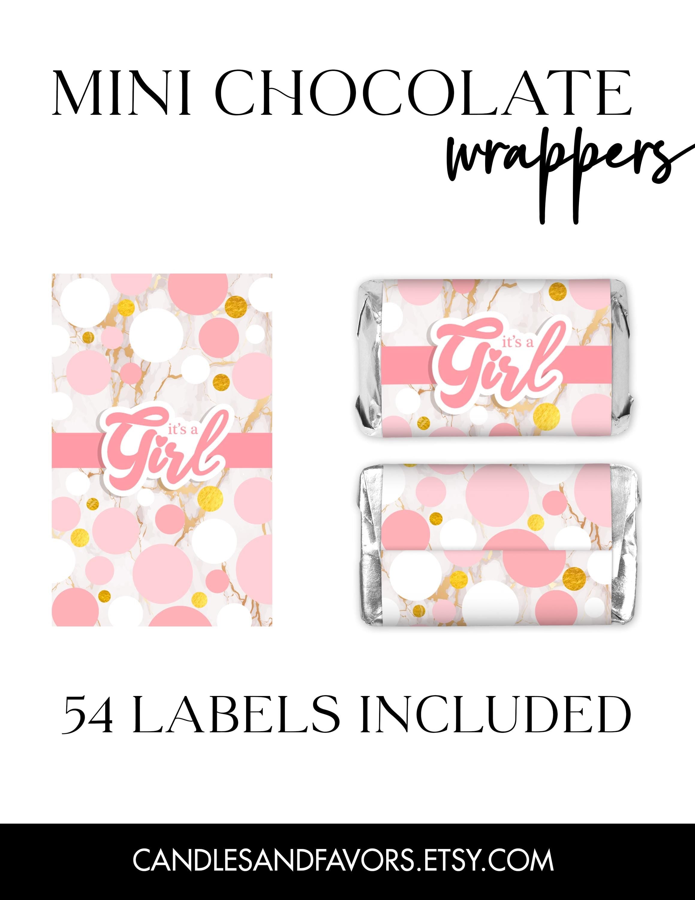 It's A Girl Mini Chocolate Bar Stickers, Pink Gold Baby Shower Candy Labels - 54 Ct