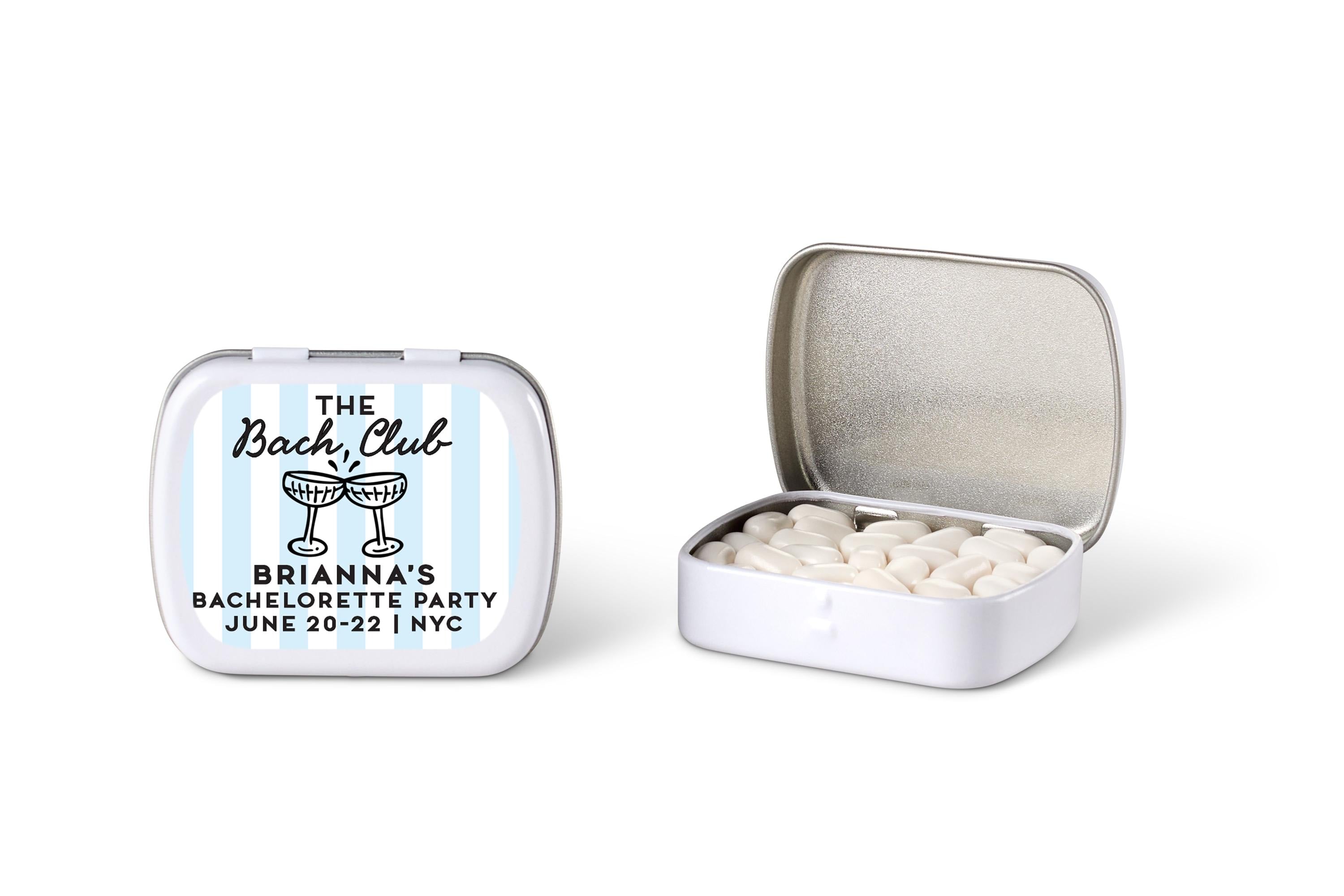Bachelorette Club Mint Tins with stickers, Personalized Coastal Bridal Favors, Empty Favor Candy Tin