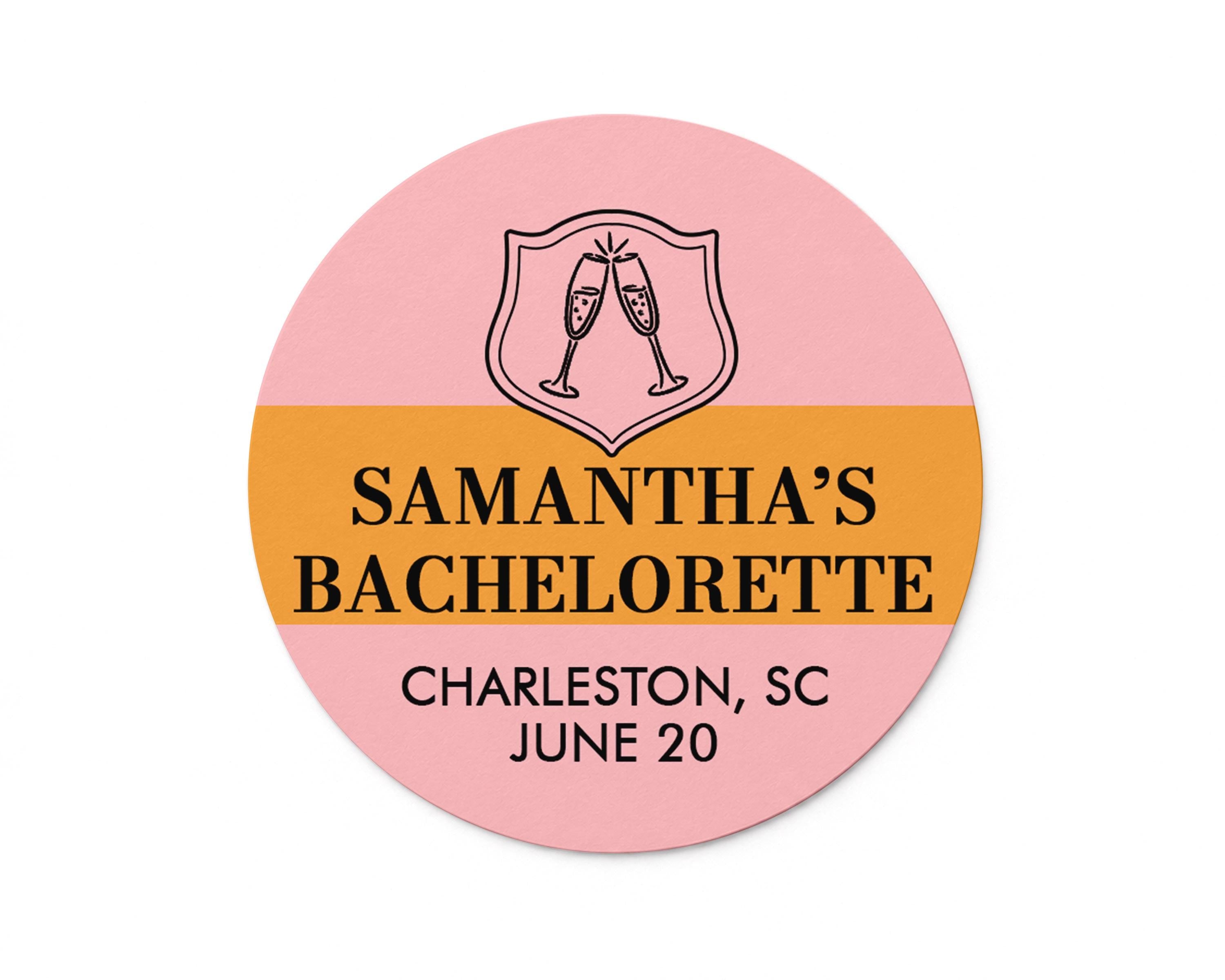 Personalized Champagne Bachelorette Party Stickers, Custom Pink Orange Mini Wine Favor Labels