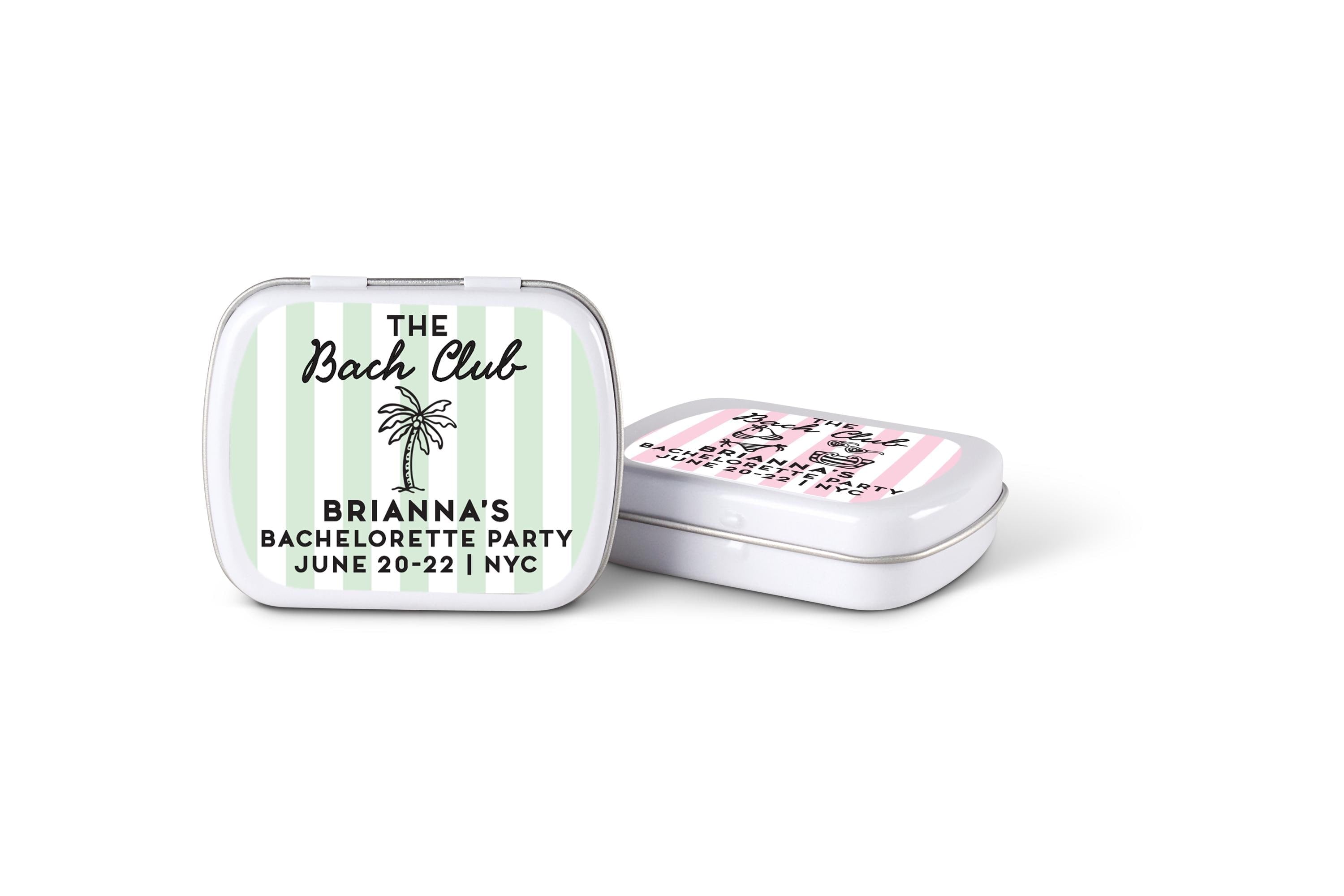 Bachelorette Club Mint Tins with stickers, Personalized Coastal Bridal Favors, Empty Favor Candy Tin