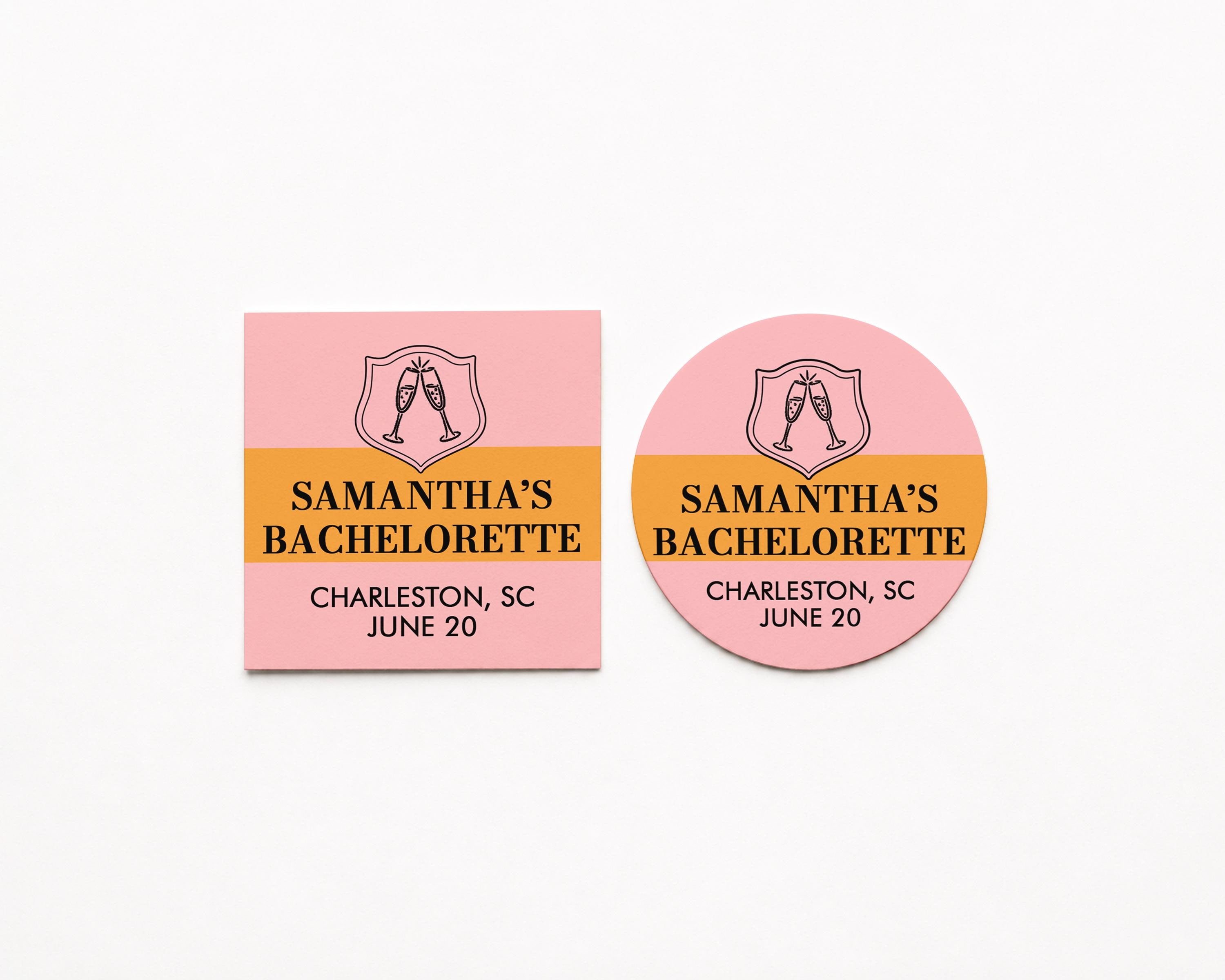 Personalized Champagne Bachelorette Party Stickers, Custom Pink Orange Mini Wine Favor Labels