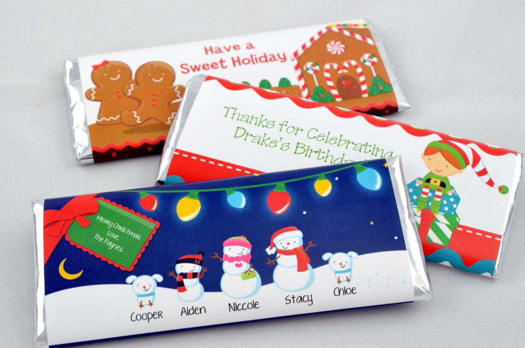 12 Snowman Christmas Candy Bar Wrappers - Personalized Custom Sweet Treat Christmas Party Favors