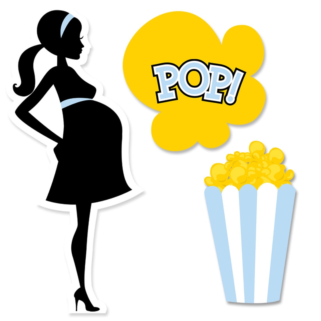 Ready To Pop Blue Baby Shower Party Silhouettes Printed Photo Prop Cut-Out Shapes in Yellow, Black & Blue
