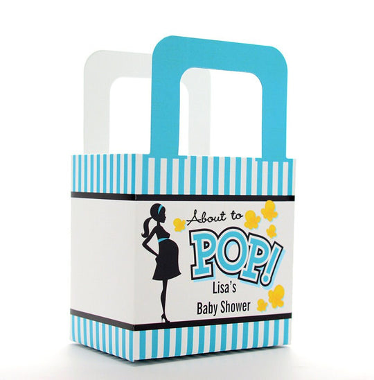 Baby Shower Favor Boxes - About To Pop® Teal - Personalized Custom Party Treat Container Gift Bags - Set Of 10