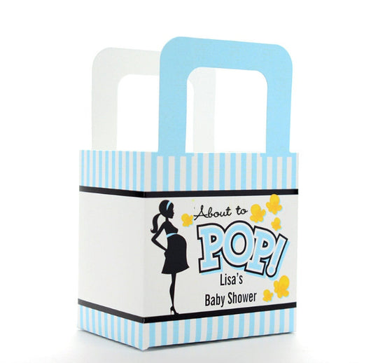 Baby Shower Favor Boxes - Ready To Pop Blue - Personalized Custom Party Treat Container Gift Bags - Set Of 10
