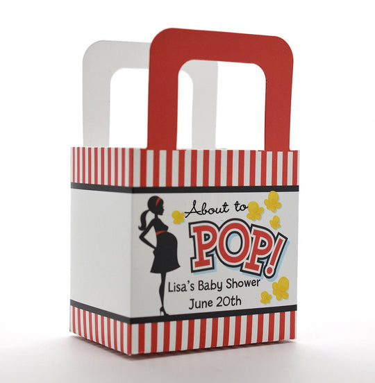 Baby Shower Favor Boxes - Ready To Pop Red - Personalized Custom Party Treat Container Gift Bags - Set Of 10