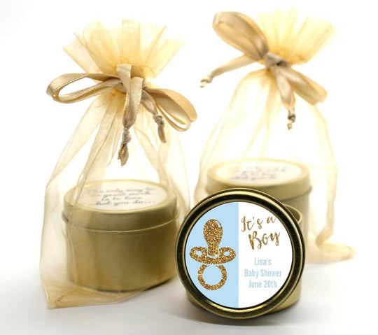 Gold Glitter Blue Pacifier -  Baby Shower Gold Tin Candle Favors (Set of 12) - Personalized Round Gold Tin Container