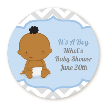 It's A Boy Chevron African American - Round Personalized Baby Shower Sticker Labels