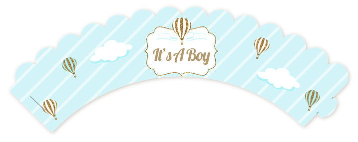 Hot Air Balloon Boy Gold Glitter - Baby Shower Cupcake Wrappers