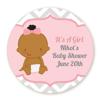 It's A Girl Chevron African American - Round Personalized Baby Shower Sticker Labels