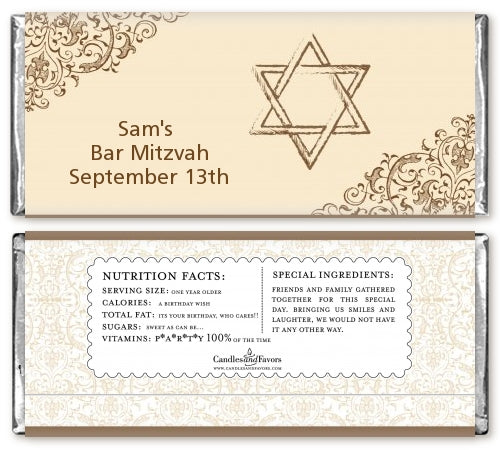 Jewish Star of David Brown & Beige - Personalized Bar / Bat Mitzvah Candy Bar Wrappers