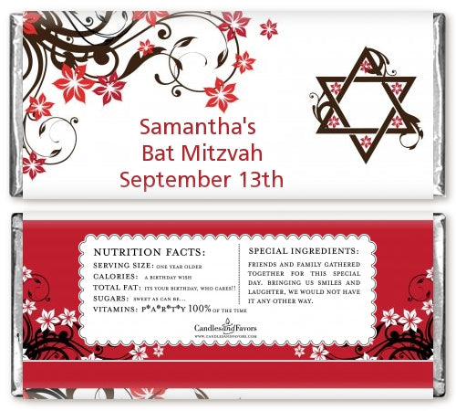 Jewish Star Of David Floral Blossom - Personalized Bar / Bat Mitzvah Candy Bar Wrappers