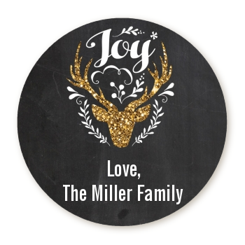 Joy Oh Deer Gold Glitter - Round Personalized Christmas Sticker Labels