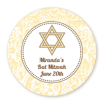 Jewish Star of David Yellow & Brown - Round Personalized Bar / Bat Mitzvah Sticker Labels