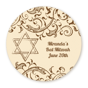 Jewish Star of David Brown & Beige - Round Personalized Bar / Bat Mitzvah Sticker Labels