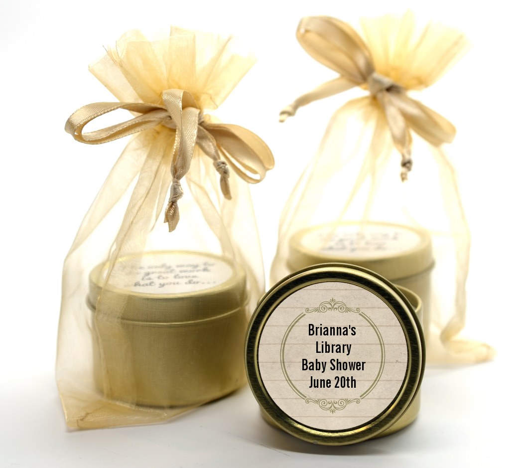 Library Card - Baby Shower Gold Tin Candle Favors