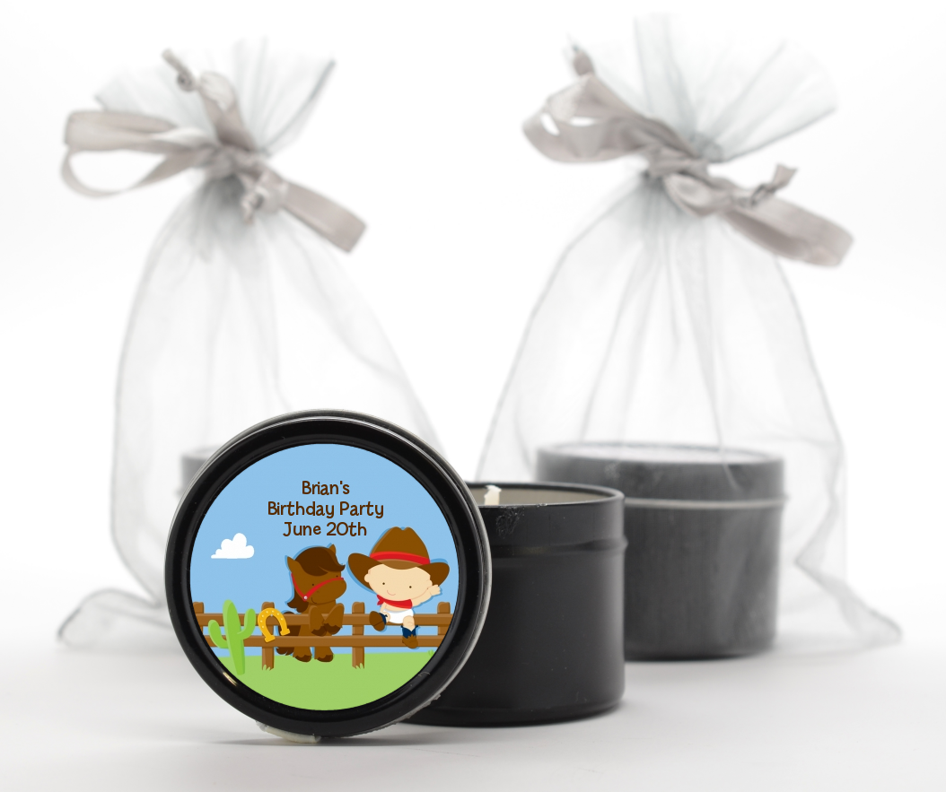 Little Cowboy - Birthday Party Black Candle Tin Favors
