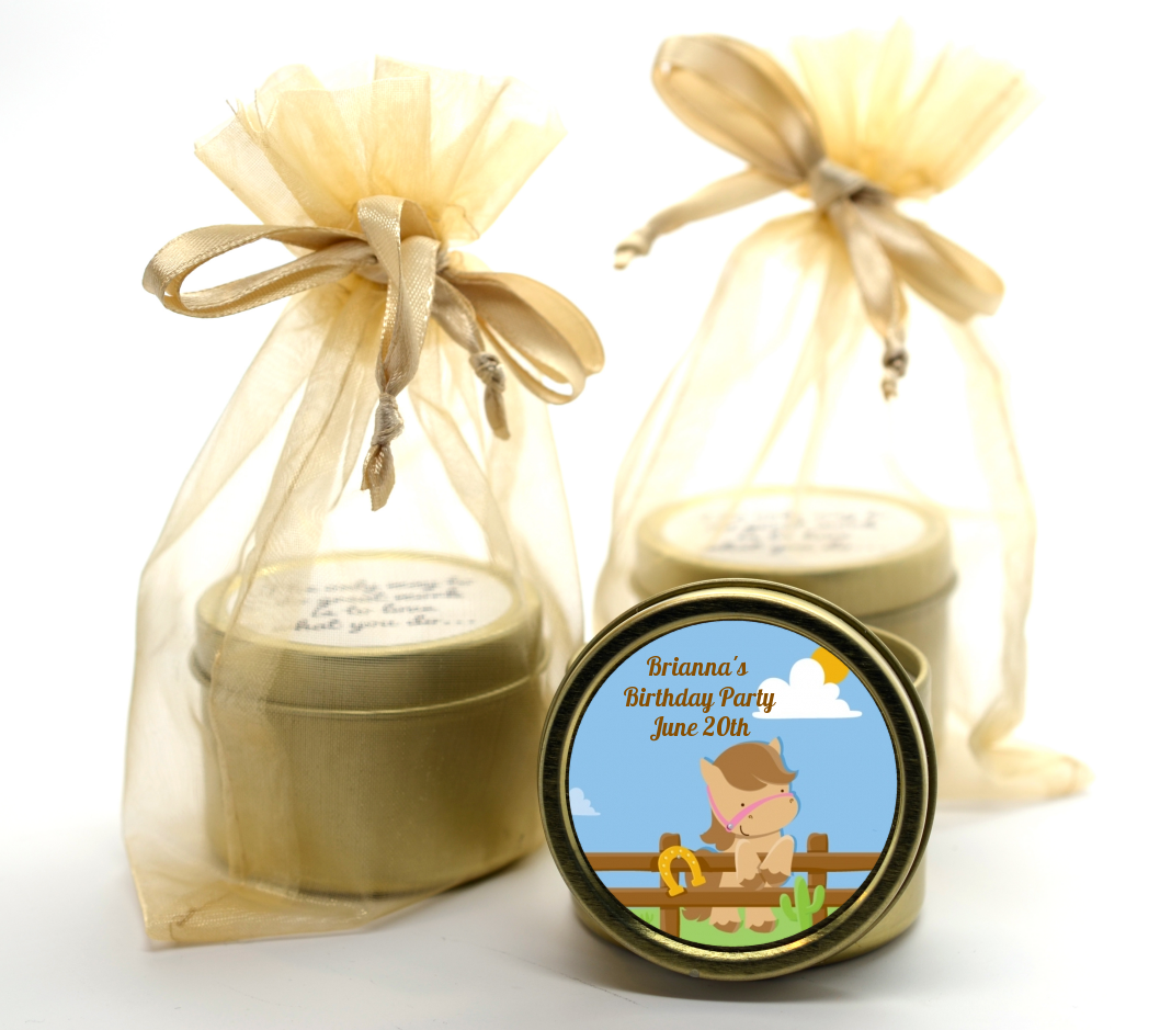 Little Cowgirl Horse - Birthday Party Gold Tin Candle Favors