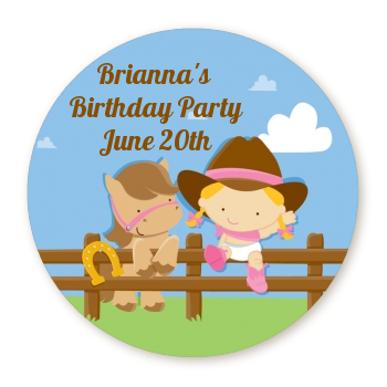 Little Cowgirl - Round Personalized Birthday Party Sticker Labels