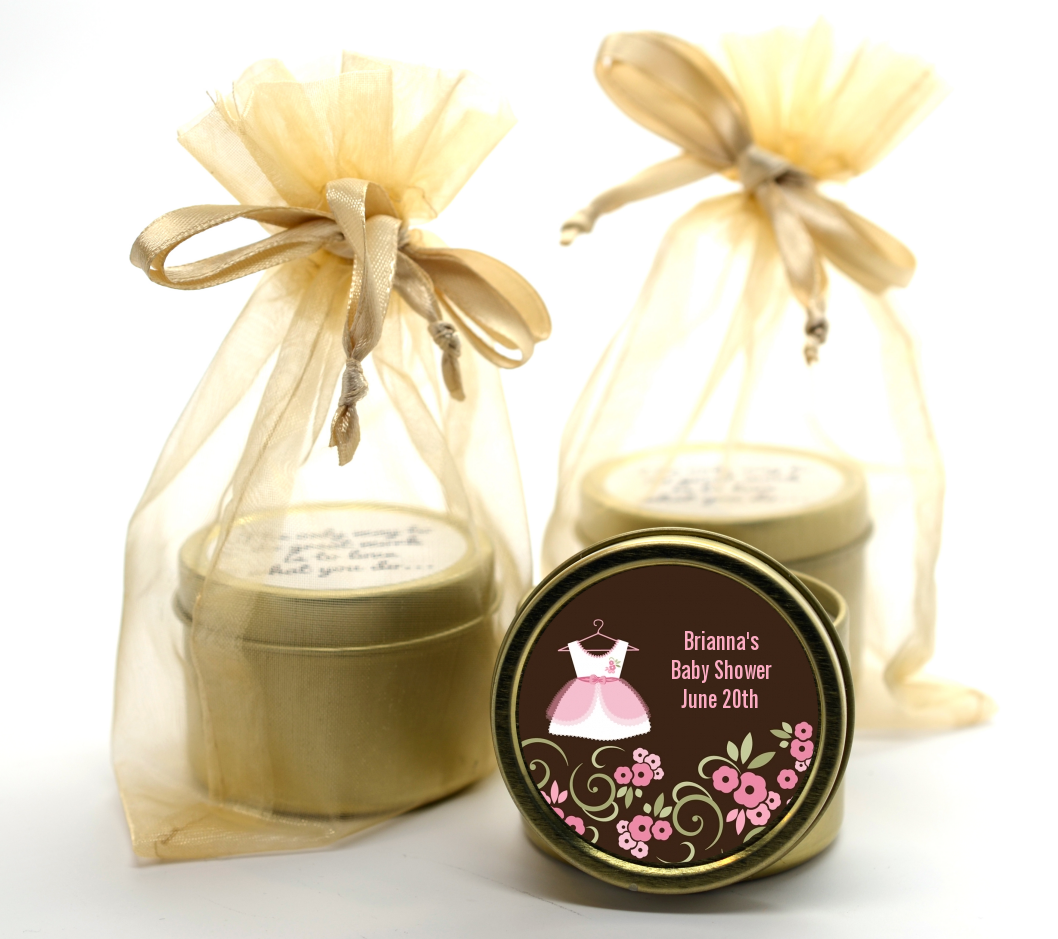Little Girl Outfit - Baby Shower Gold Tin Candle Favors
