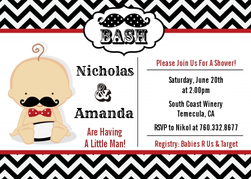 Little Man Mustache Black/Grey - Baby Shower Invitations