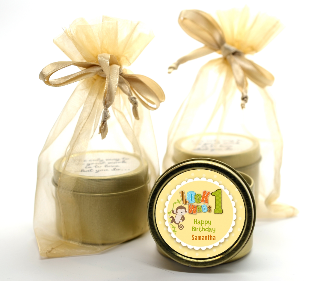 Look Who's Turning One Monkey - Birthday Party Gold Tin Candle Favors