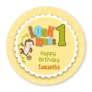 Look Who's Turning One Monkey - Round Personalized Birthday Party Sticker Labels