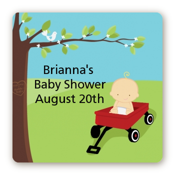 Little Red Wagon - Square Personalized Baby Shower Sticker Labels