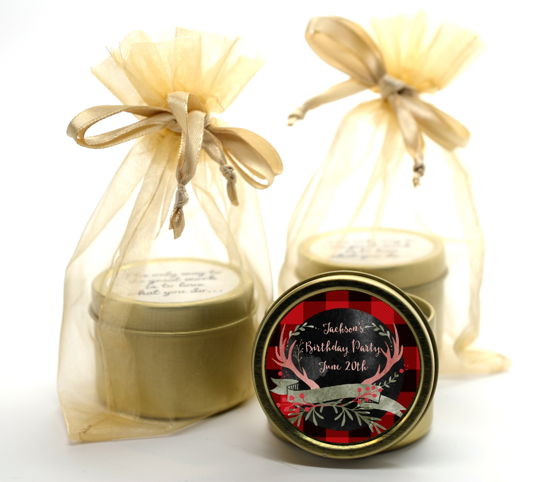 Lumberjack Buffalo Plaid - Birthday Party Gold Tin Candle Favors
