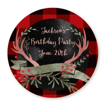 Lumberjack Buffalo Plaid - Round Personalized Birthday Party Sticker Labels