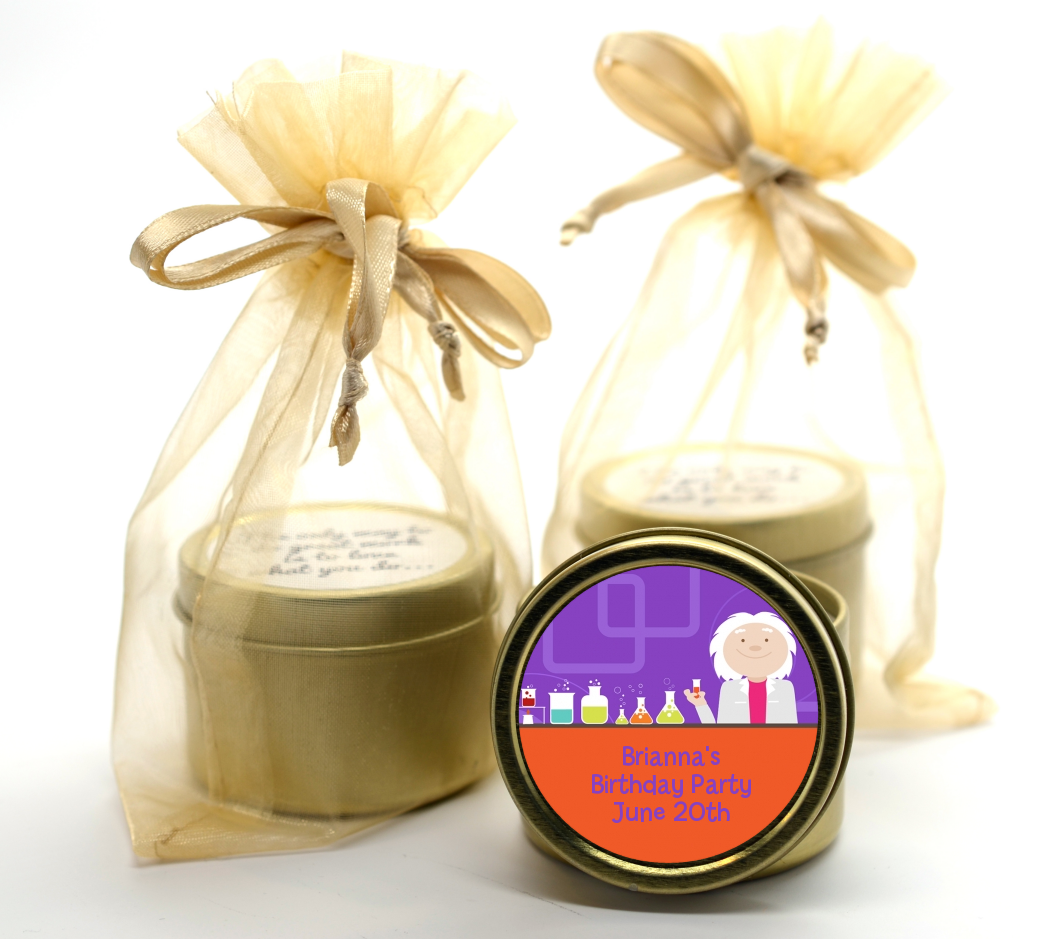 Mad Scientist - Birthday Party Gold Tin Candle Favors