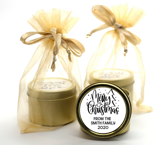 Merry Christmas with Tree - Christmas Gold Tin Candle Favors
