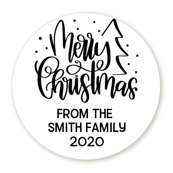 Merry Christmas with Tree - Round Personalized Christmas Sticker Labels