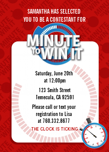 Minute To Win It Inspired - Birthday Party Invitations