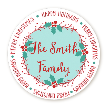 Mistletoe Wreath - Round Personalized Christmas Sticker Labels