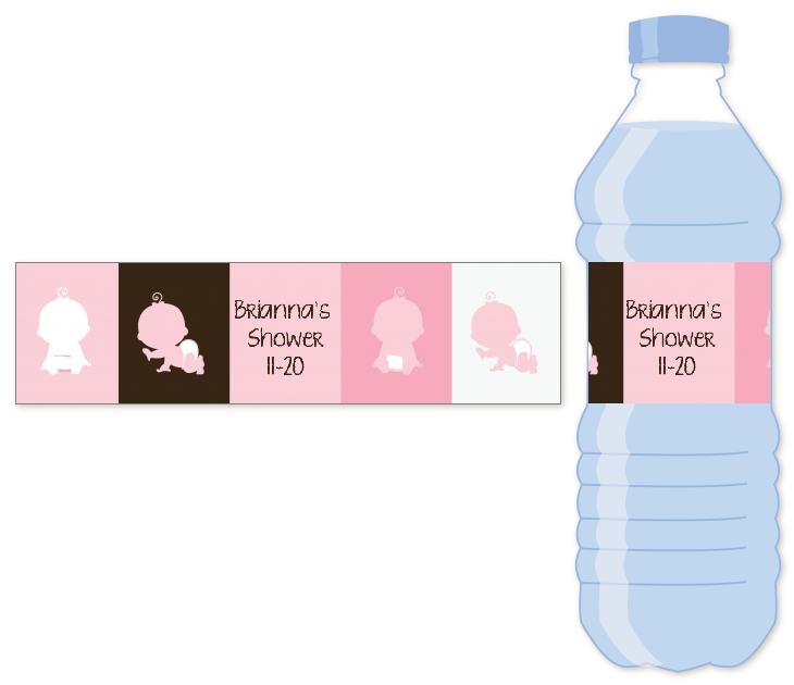 Modern Baby Girl Pink & Brown - Personalized Baby Shower Water Bottle Labels
