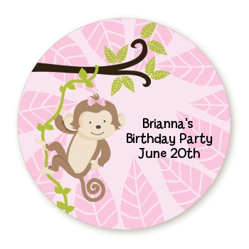 Monkey Girl - Round Personalized Birthday Party Sticker Labels