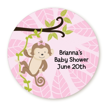 Monkey Girl - Round Personalized Baby Shower Sticker Labels