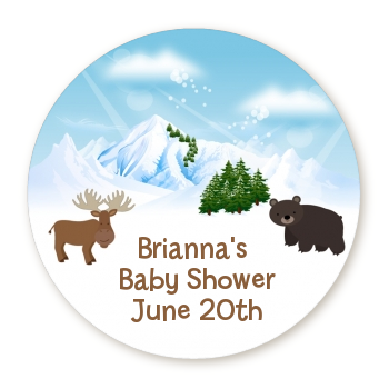 Moose and Bear - Round Personalized Baby Shower Sticker Labels